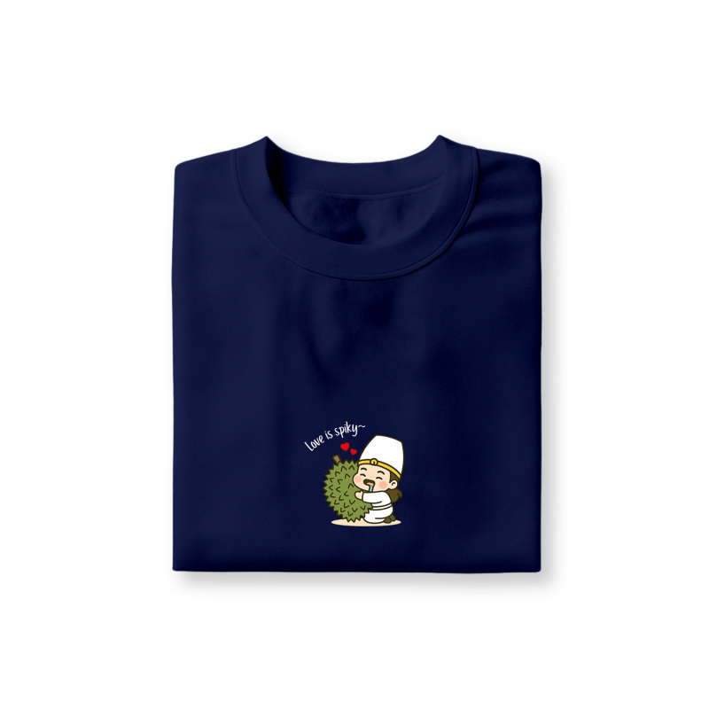 bai wu chang hugging durian graphic printed on navy blue t-shirt