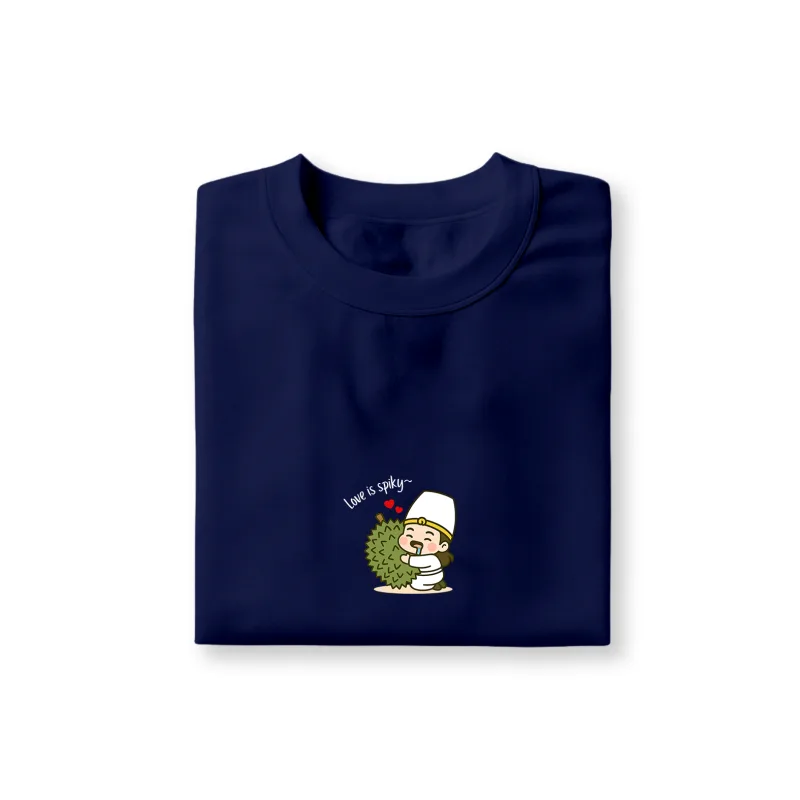 bai wu chang hugging durian graphic printed on navy blue t-shirt