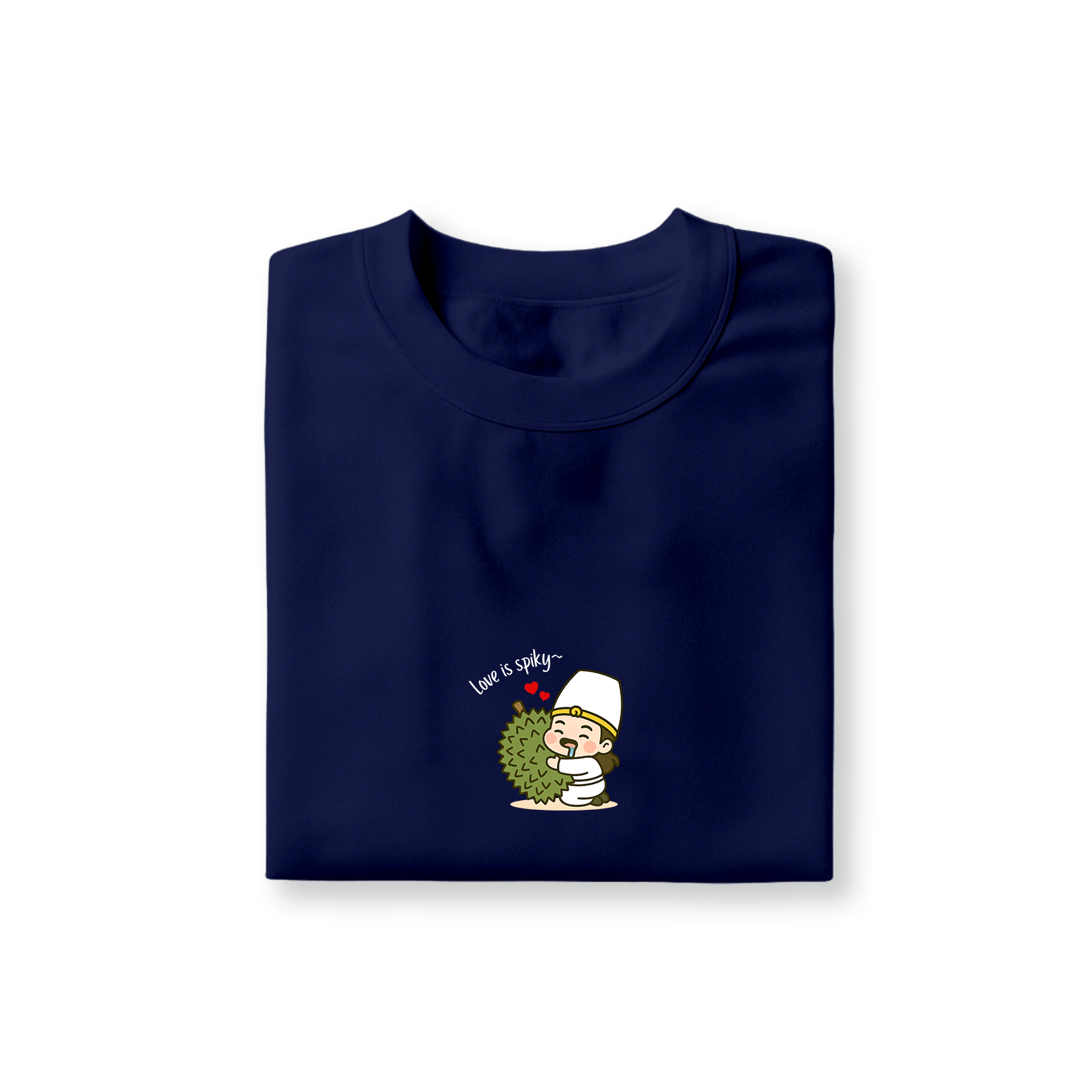 bai wu chang hugging durian graphic printed on navy blue t-shirt