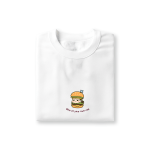 grumpy bai wu chang face sandwiched like a burger patty graphic printed on white t-shirt