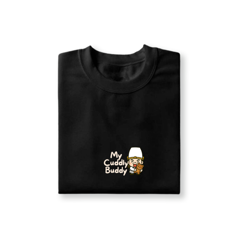 Bai Wu Chang hugging a teddy bear with “My Cuddly Buddy” text on a black t-shirt