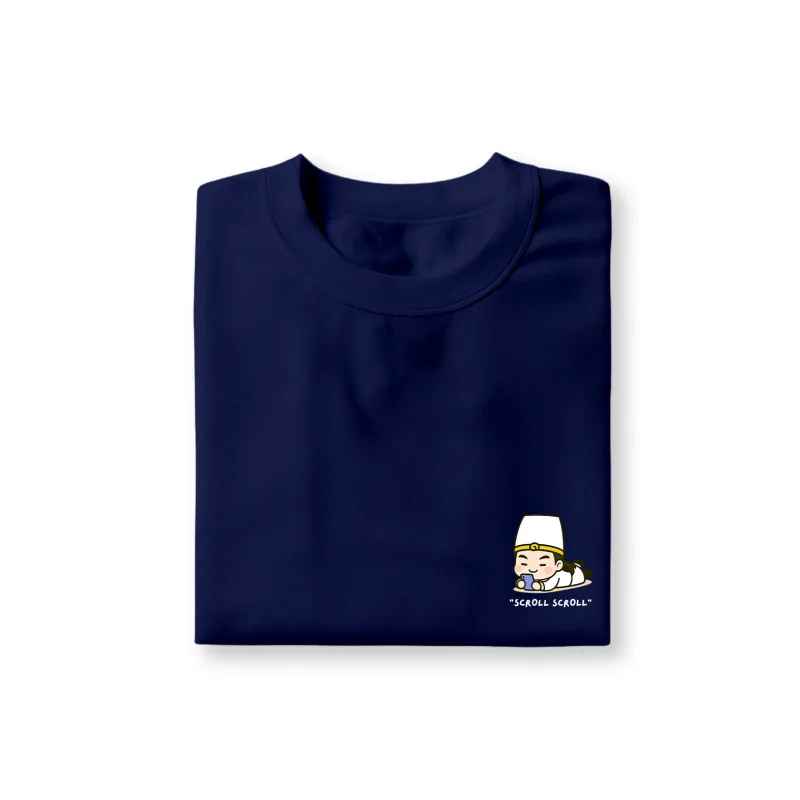 bai wu chang lying down scrolling phone printed on navy blue t-shirt