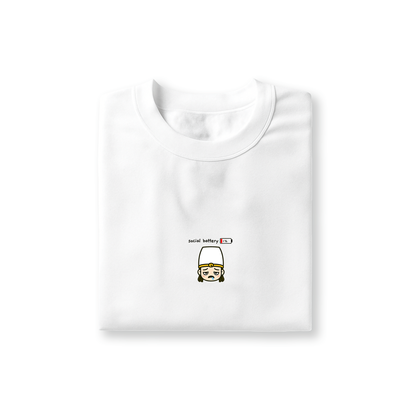 White T-shirt with Bai Wu Chang looking tired with “Social Battery 1%” design