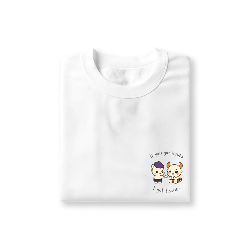 ox-head horse-face brotherhood tee with crying ox and horse passing tissue, printed on white t-shirt