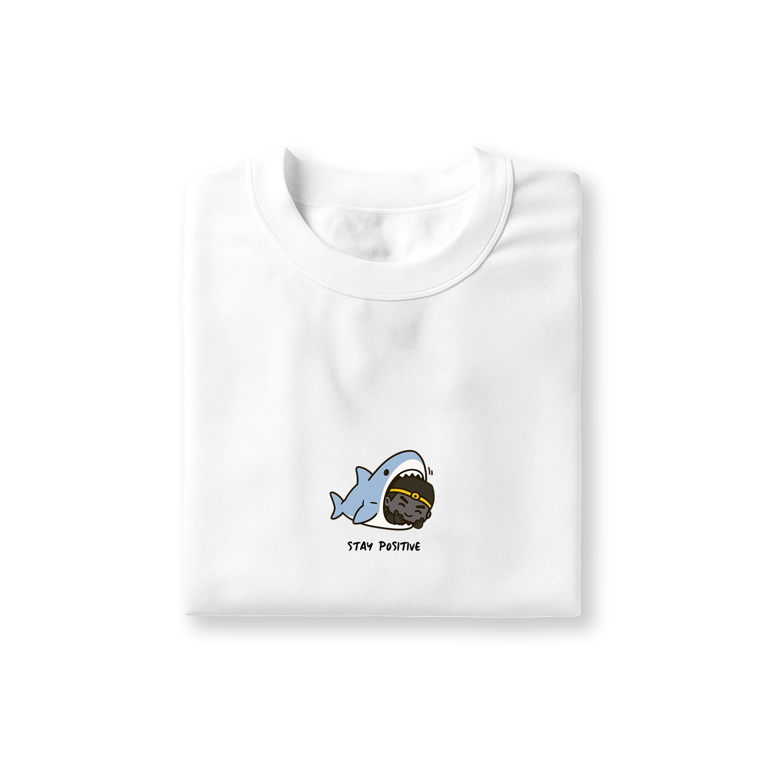 hei wu chang t-shirt design showing him smiling while being eaten by shark