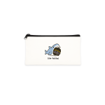 Hei Wu Chang bitten by shark but still smiling, on a white canvas zipper pouch