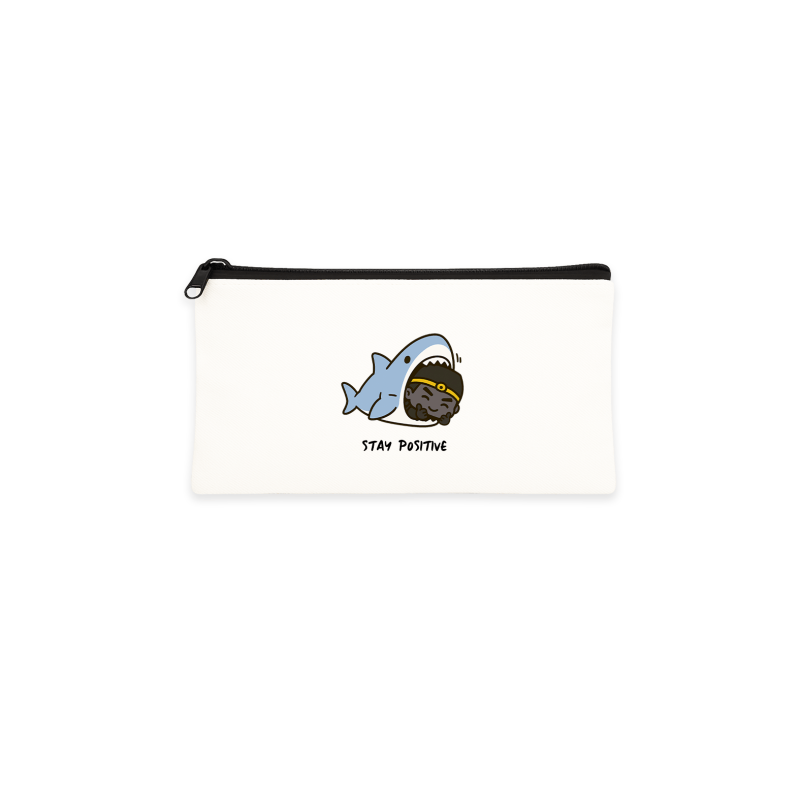 Hei Wu Chang bitten by shark but still smiling, on a white canvas zipper pouch
