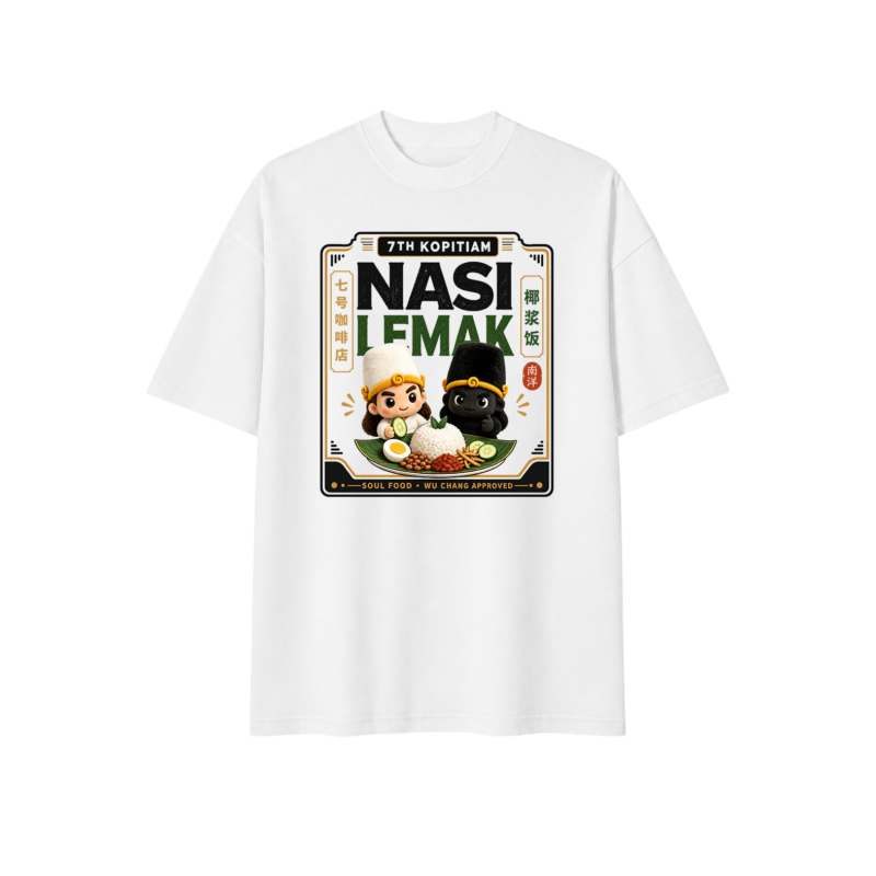 Hei Bai Wu Chang characters with Nasi Lemak graphic printed on t-shirt